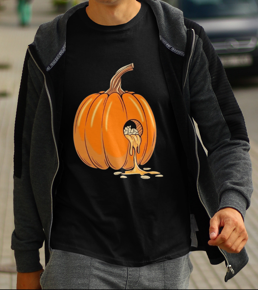 Gourdy Hole Halloween Pumpkin With Seeds Streaming Out T-Shirt