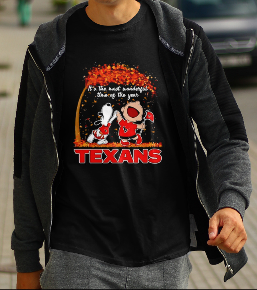 Snoopy And Charlie Brown It's The Most Wonderful Time Of The Year Texans Football Fan Celebration T-Shirt