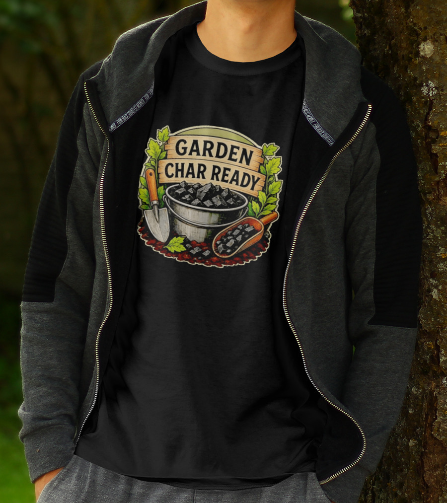 Garden Char Ready Biochar Gardening Soil Amendment With Tools And Leaves T-Shirt