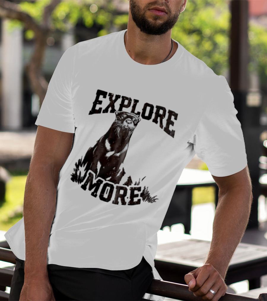 Explore More River Otter Tall Grass Distressed Woodcut Black White T-Shirt