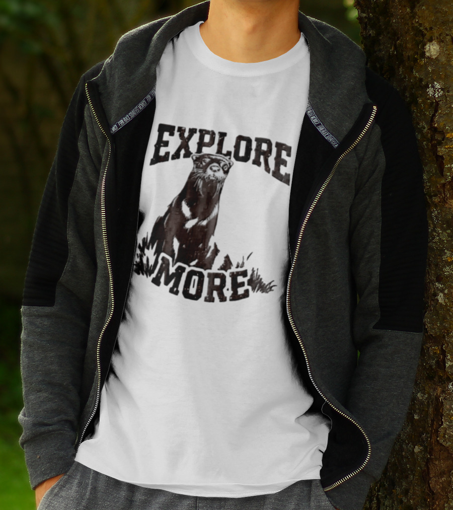Explore More River Otter Tall Grass Distressed Woodcut Black White T-Shirt