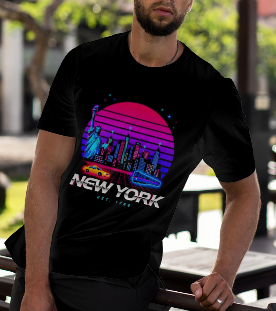 New York Est 1786 Cityscape Synthwave Statue Of Liberty Neon Skyline Retro Car T-Shirt