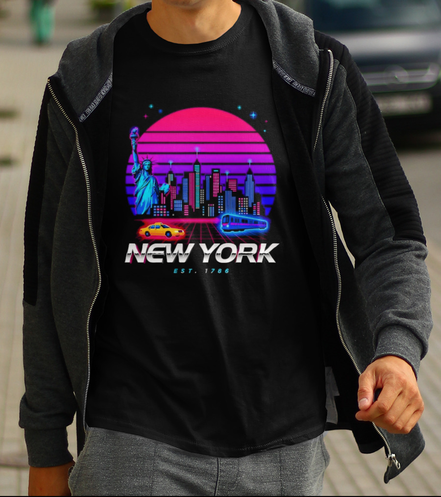New York Est 1786 Cityscape Synthwave Statue Of Liberty Neon Skyline Retro Car T-Shirt