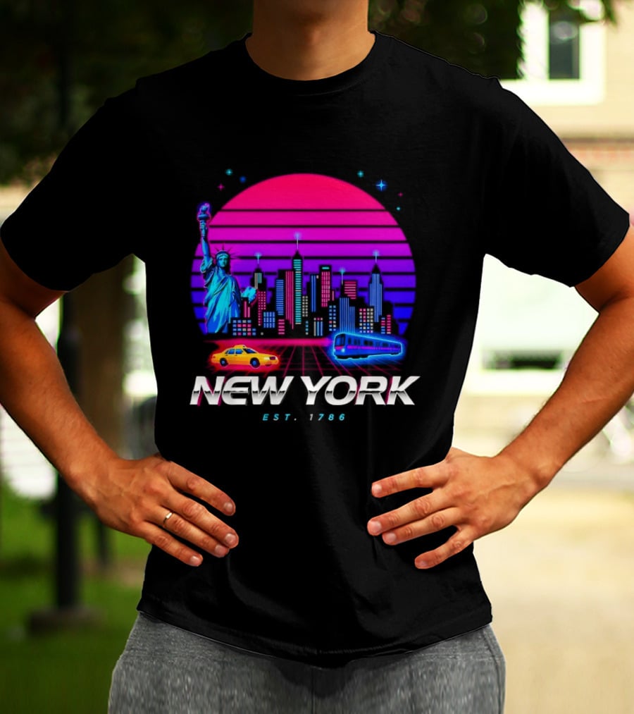 New York Est 1786 Cityscape Synthwave Statue Of Liberty Neon Skyline Retro Car T-Shirt