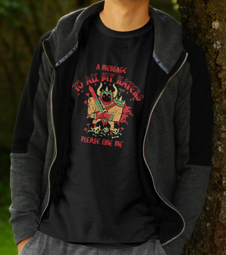 A Message To All My Haters Please Like Me Horned Warrior With Swords Skulls And Flames T-Shirt