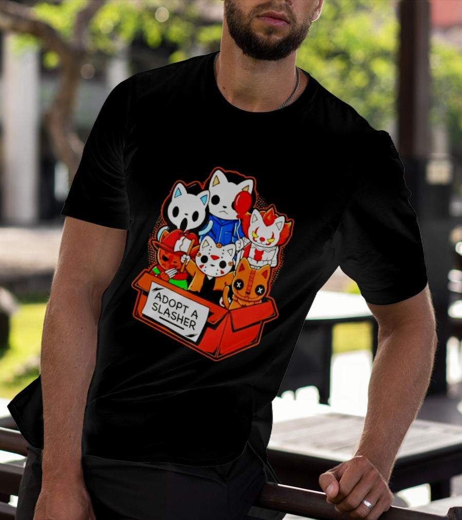 Adopt A Slasher Horror Movie Cat Characters Box Featuring Iconic Halloween Villains T-Shirt