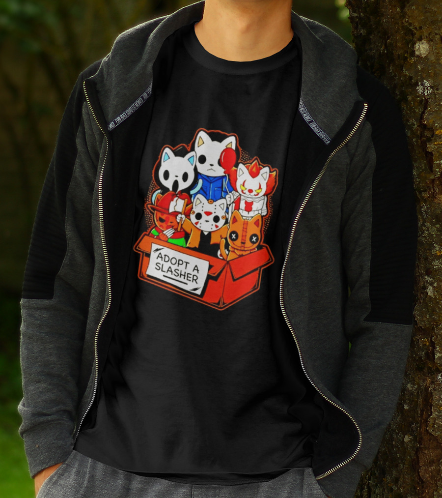 Adopt A Slasher Horror Movie Cat Characters Box Featuring Iconic Halloween Villains T-Shirt