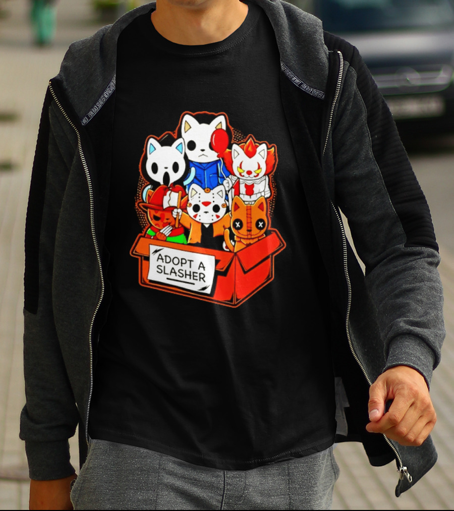 Adopt A Slasher Horror Movie Cat Characters Box Featuring Iconic Halloween Villains T-Shirt