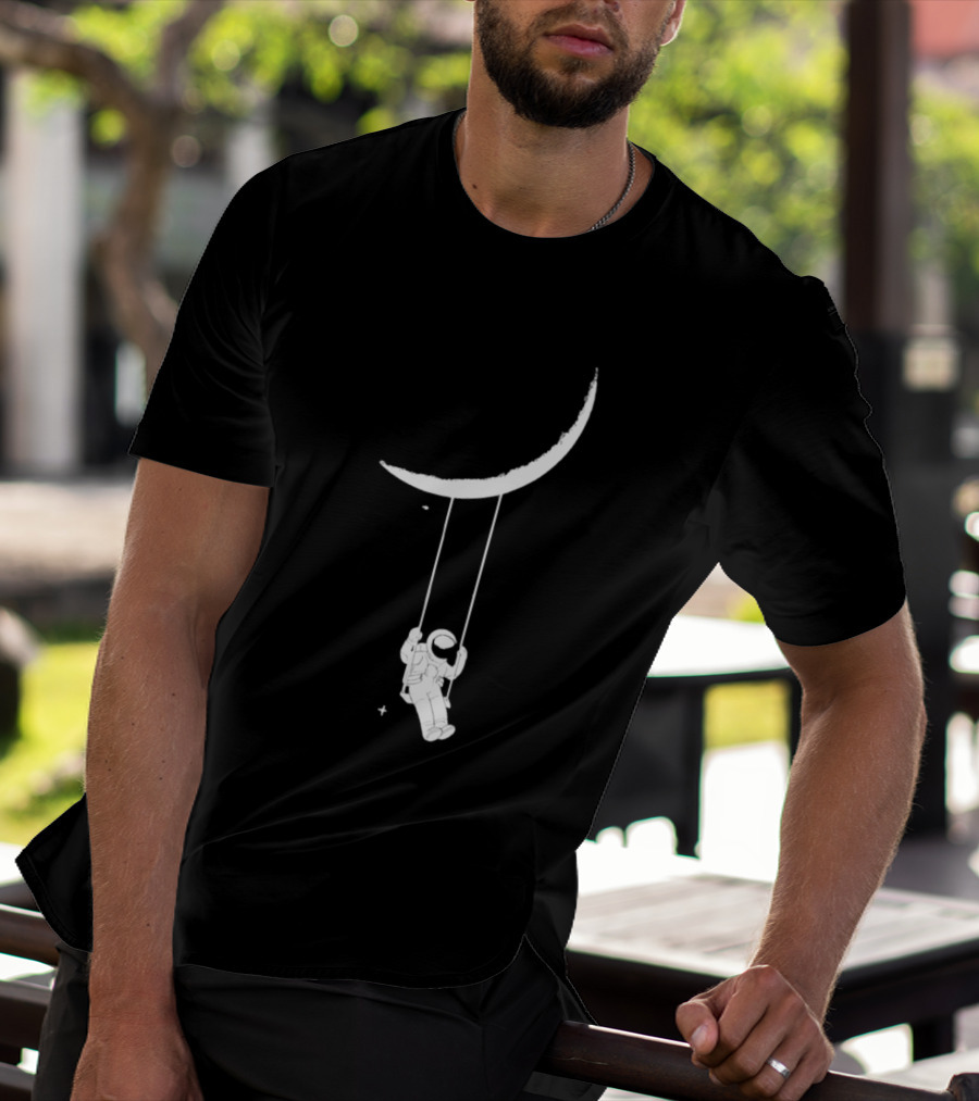 Astronaut Swinging On Crescent Moon Space Scene T-Shirt