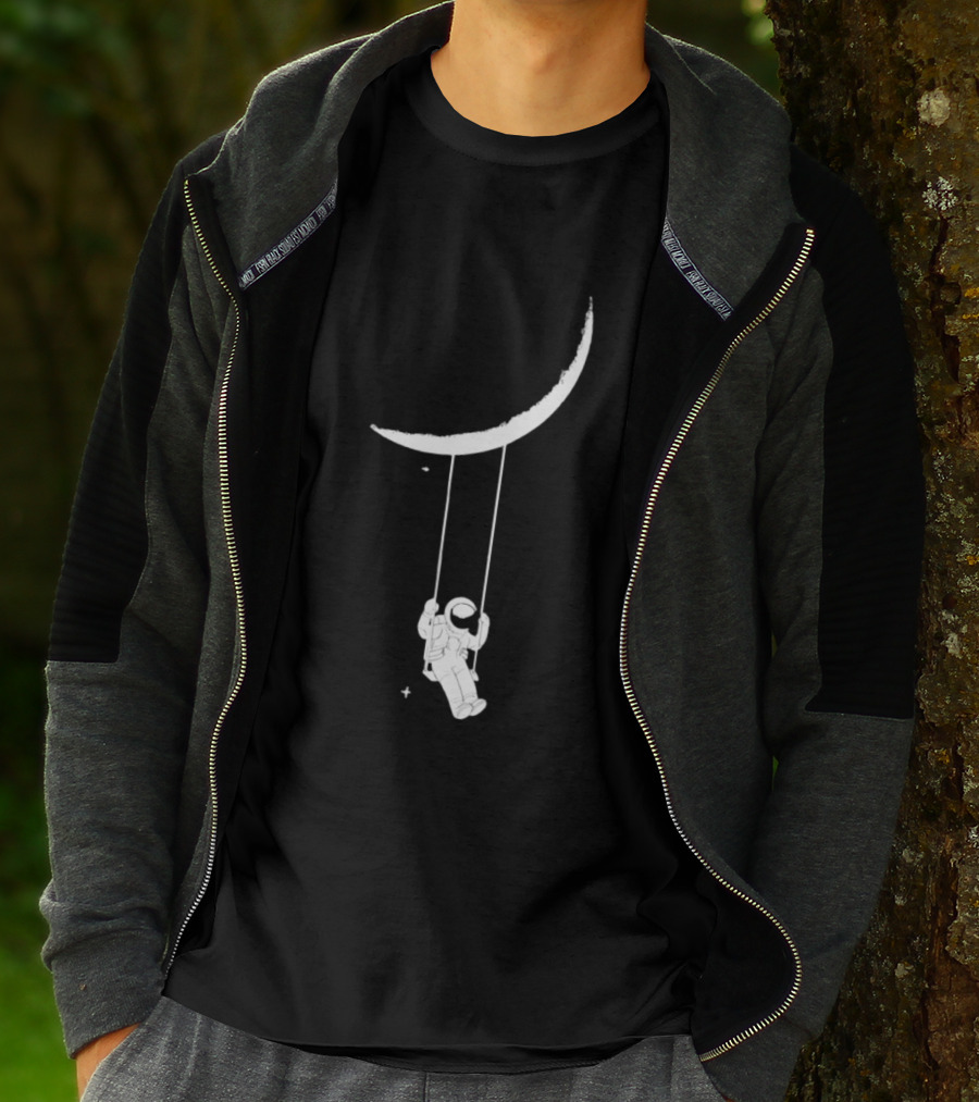 Astronaut Swinging On Crescent Moon Space Scene T-Shirt