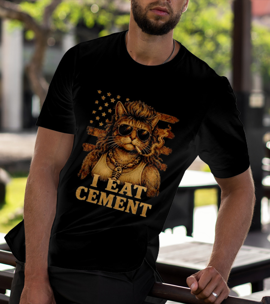 I Eat Cement Mullet Cat With Sunglasses And American Flag T-Shirt