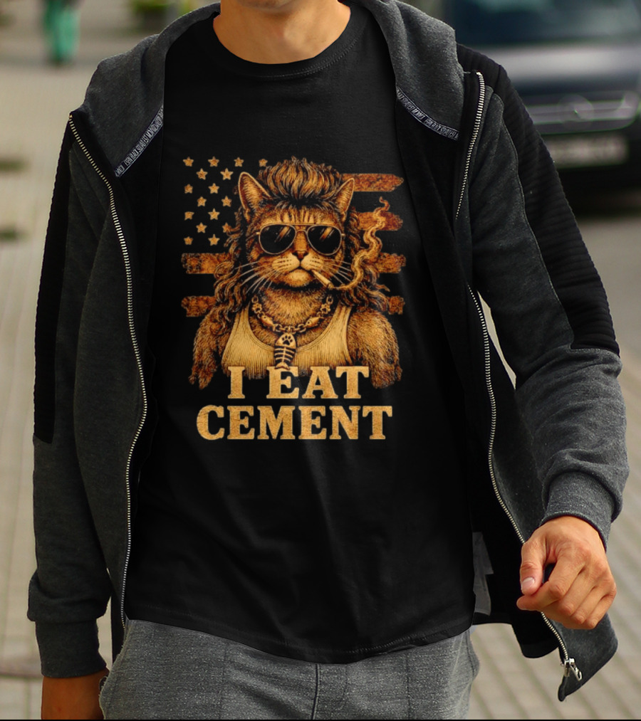 I Eat Cement Mullet Cat With Sunglasses And American Flag T-Shirt