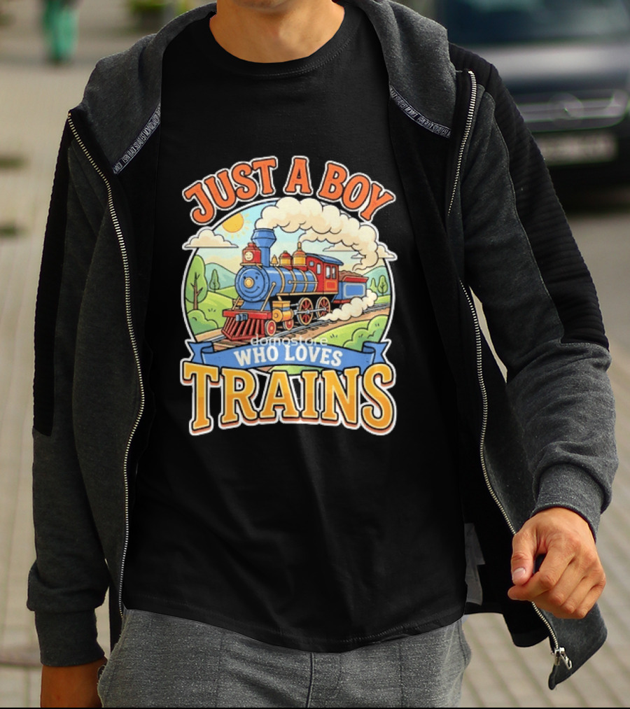 Just A Boy Who Loves Trains Colorful Locomotive Adventure T-Shirt
