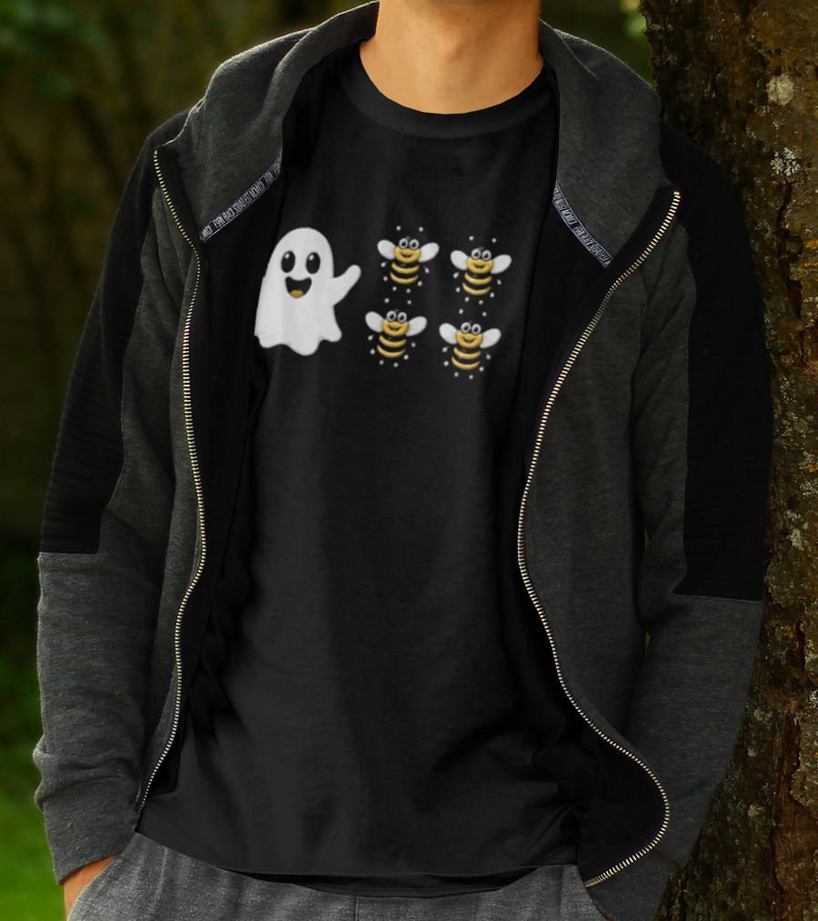 Cartoon White Ghost And Waving Four Bumblebees Cute T-Shirt