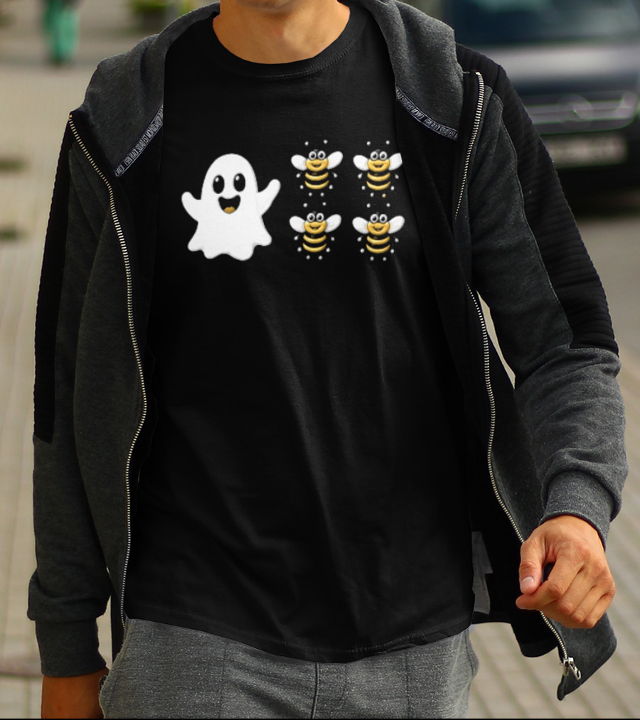 Cartoon White Ghost And Waving Four Bumblebees Cute T-Shirt