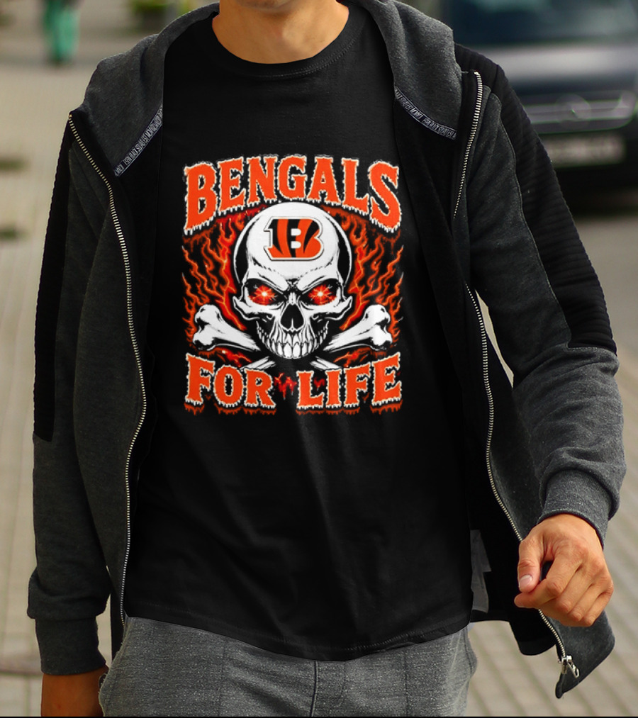 Bengals For Life Skull And Crossbones Fiery T-Shirt