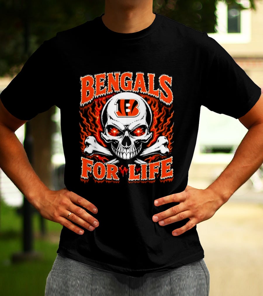 Bengals For Life Skull And Crossbones Fiery T-Shirt