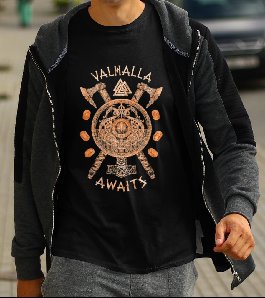 Valhalla Awaits Distressed Viking Shield Axes Norse Symbolism T-Shirt