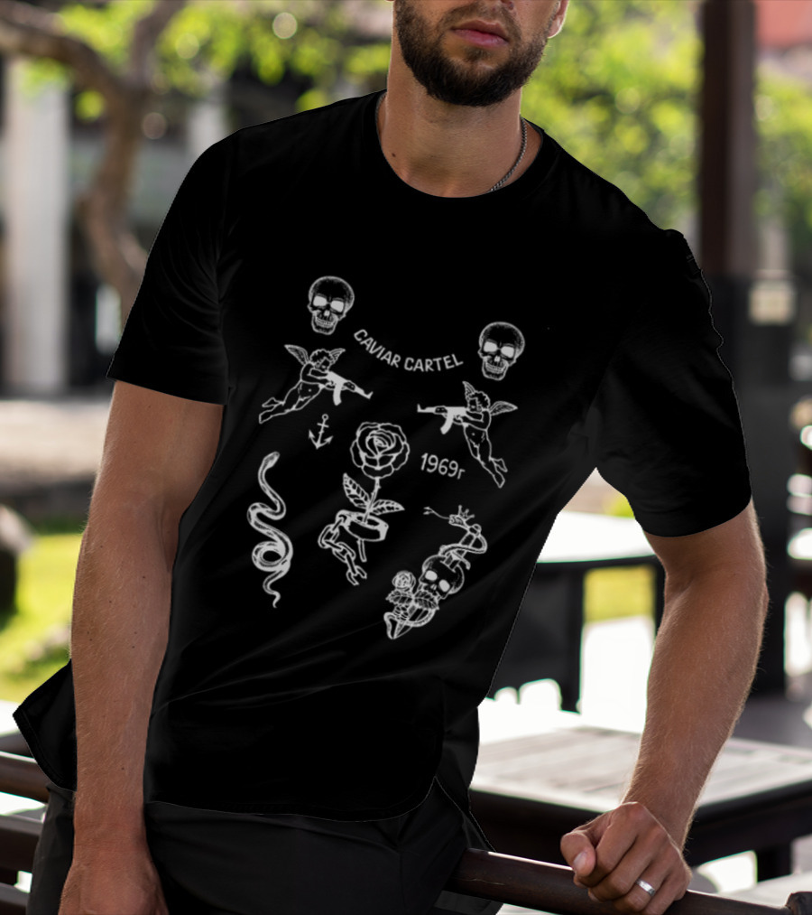 Ssur Caviar Cartel 1969t Skull Rose Snake Wings Anchor Icons Black Oversized T-Shirt