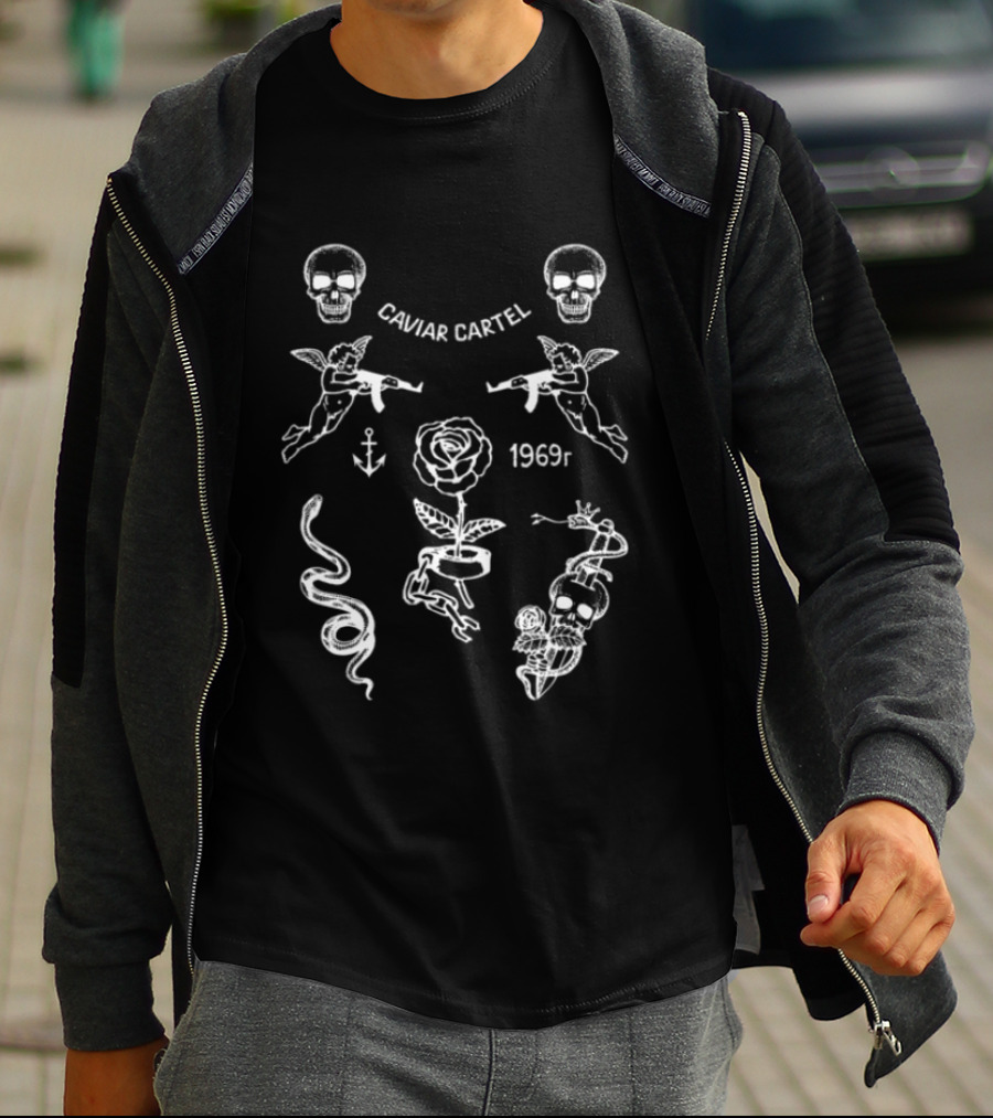 Ssur Caviar Cartel 1969t Skull Rose Snake Wings Anchor Icons Black Oversized T-Shirt