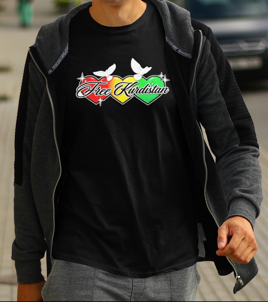 Free Kurdistan Red Yellow Green Hearts Doves T-Shirt