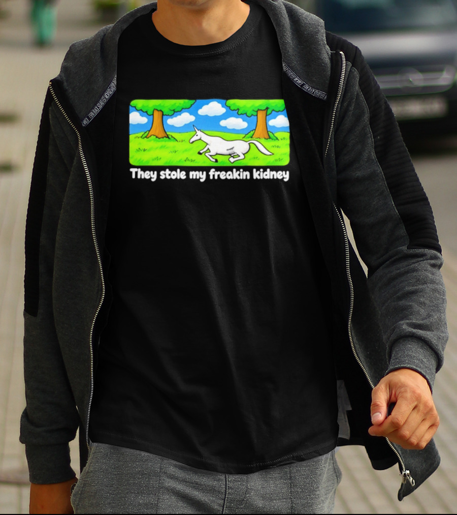 They Stole My Freakin Kidney Unicorn Cartoon Scene T-Shirt