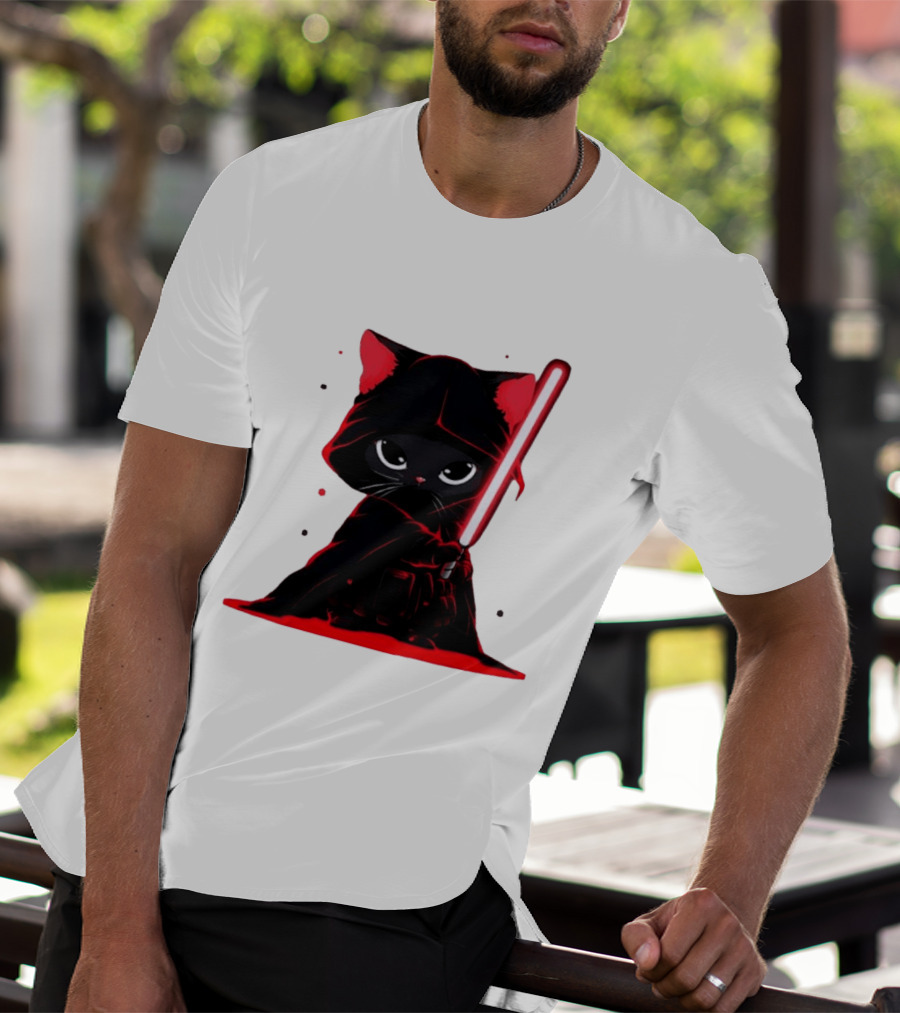Black Cat Sith With Red Lightsaber Cloaked In Darkness T-Shirt