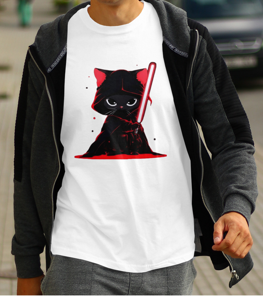 Black Cat Sith With Red Lightsaber Cloaked In Darkness T-Shirt