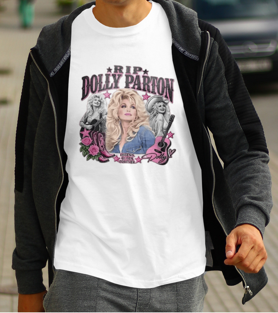 RIP Dolly Parton Legend Queen Forever Pink Cowboy Boots Roses Guitars Stars T-Shirt