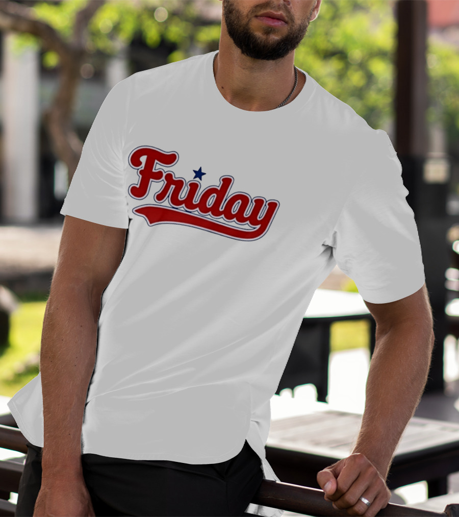 Friday Weekend Casual Baseball Style Script Red Text With Star T-Shirt