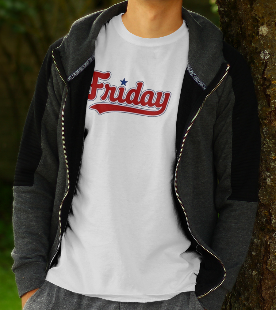 Friday Weekend Casual Baseball Style Script Red Text With Star T-Shirt