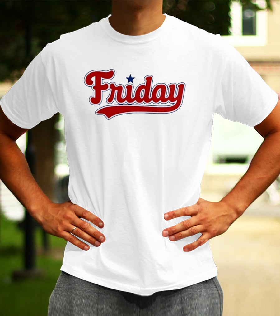 Friday Weekend Casual Baseball Style Script Red Text With Star T-Shirt