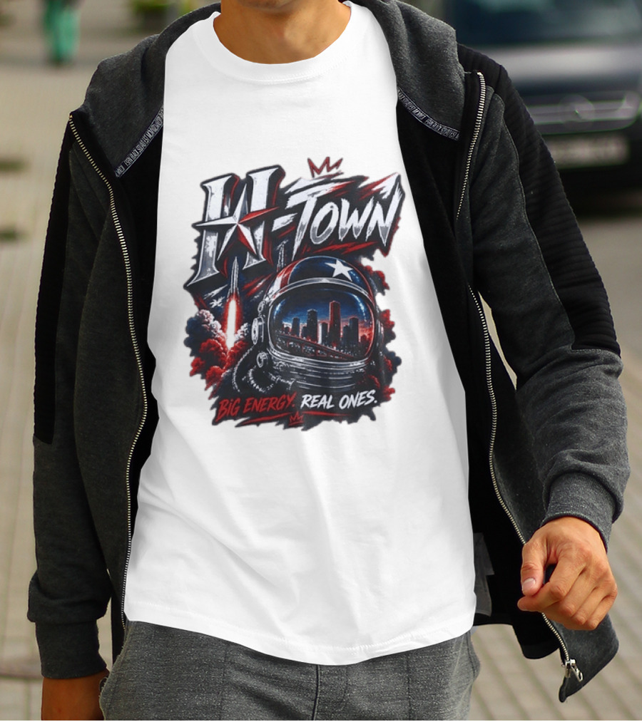 H Town Big Energy Real Ones Houston Astronaut Skyline T-Shirt