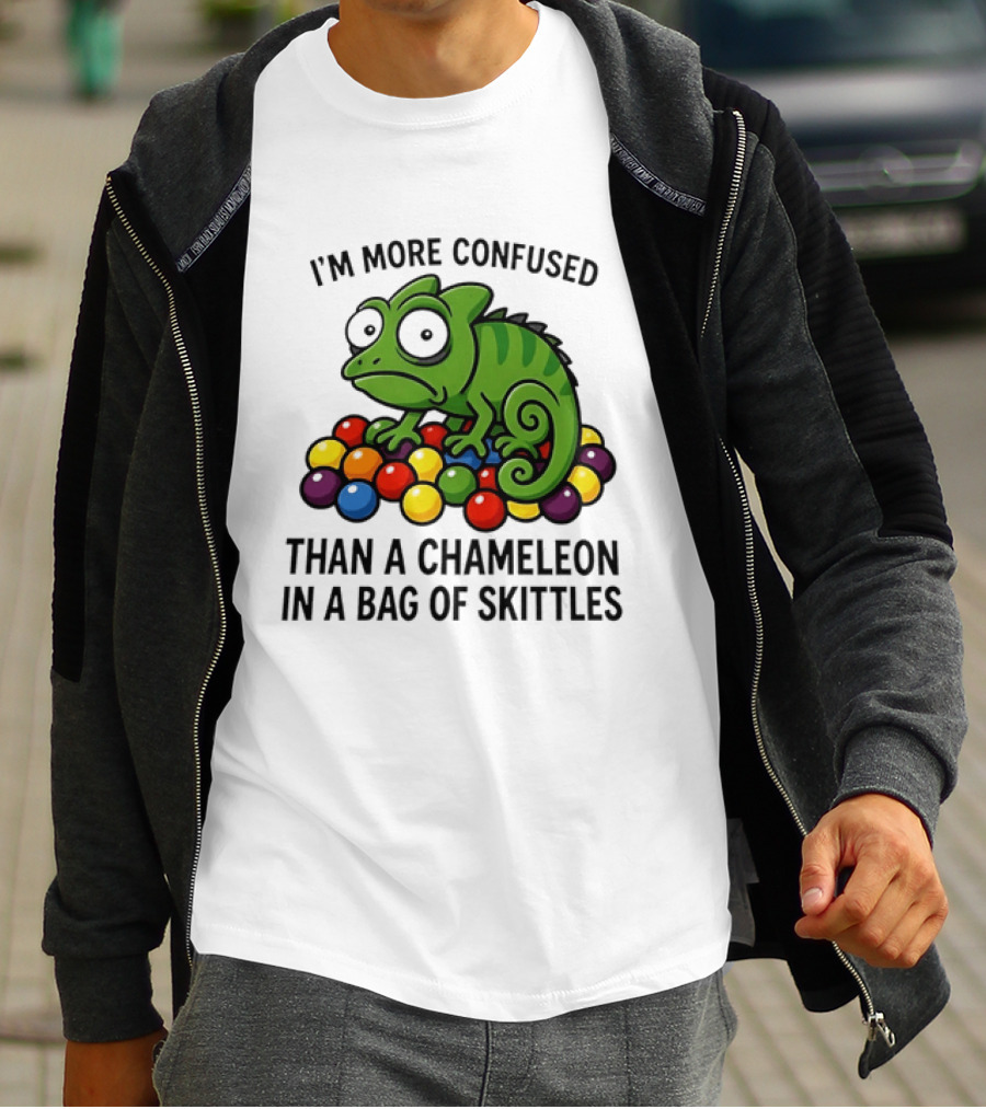 I'm More Confused Than A Chameleon In A Bag Of Skittles Colorful Chameleon And Candy Humor T-Shirt