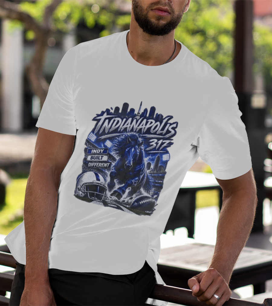 Indianapolis Colts 317 Indy Built Different Football Horse Helmet Skyline T-Shirt