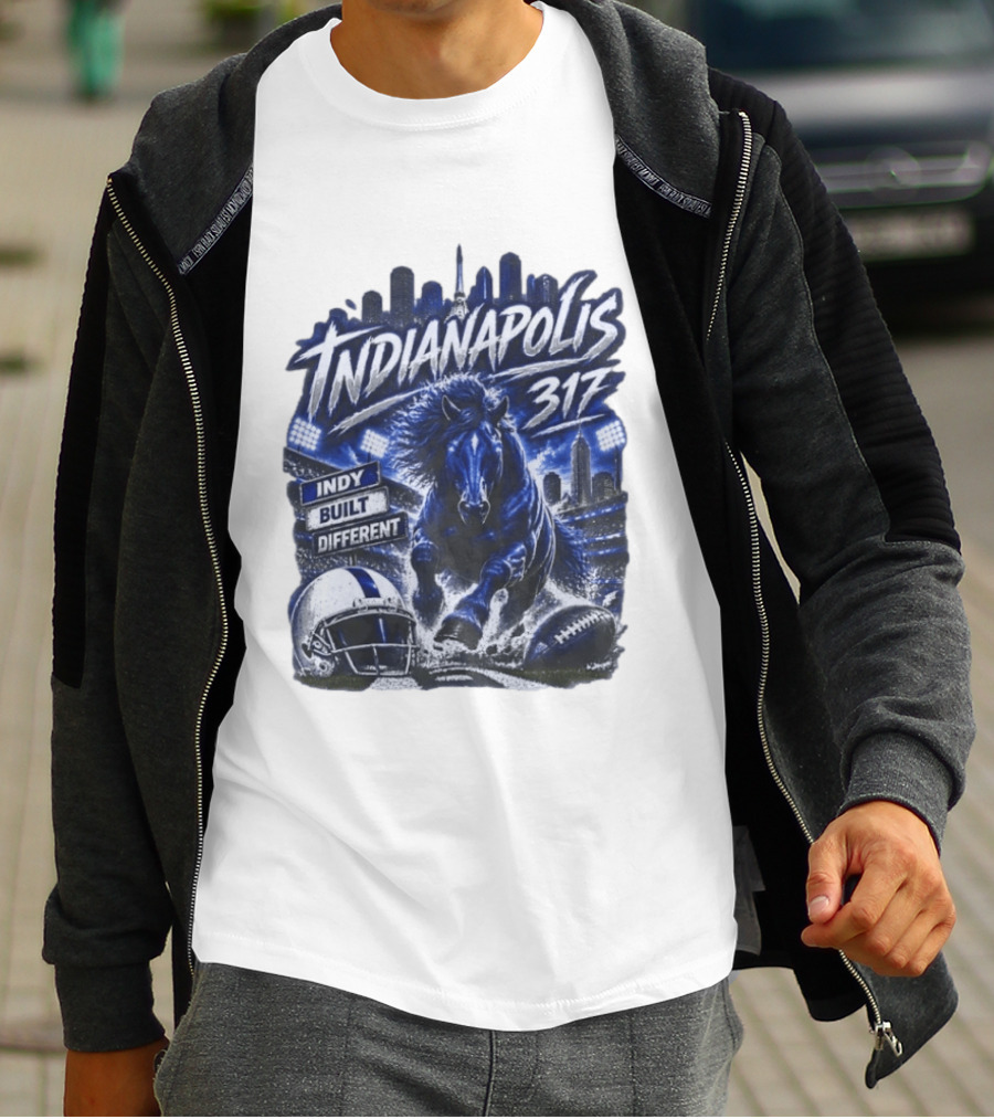 Indianapolis Colts 317 Indy Built Different Football Horse Helmet Skyline T-Shirt
