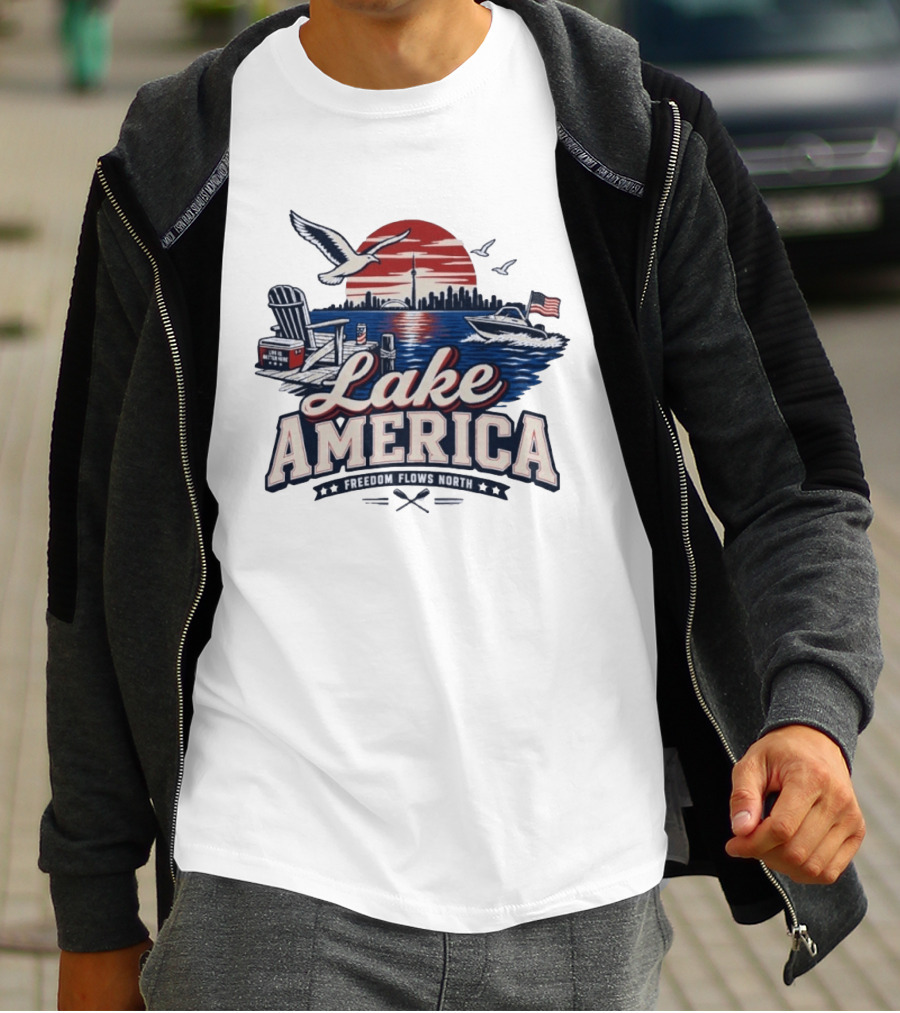 Lake America Freedom Flows North Sun Boats Good Times Seagulls Adirondack Chair Skyline And Flag T-Shirt