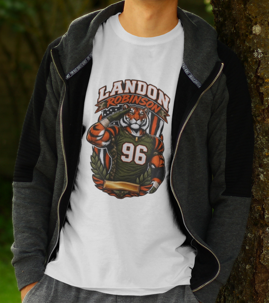 Landon Robinson 96 Tiger American Flag Salute T-Shirt