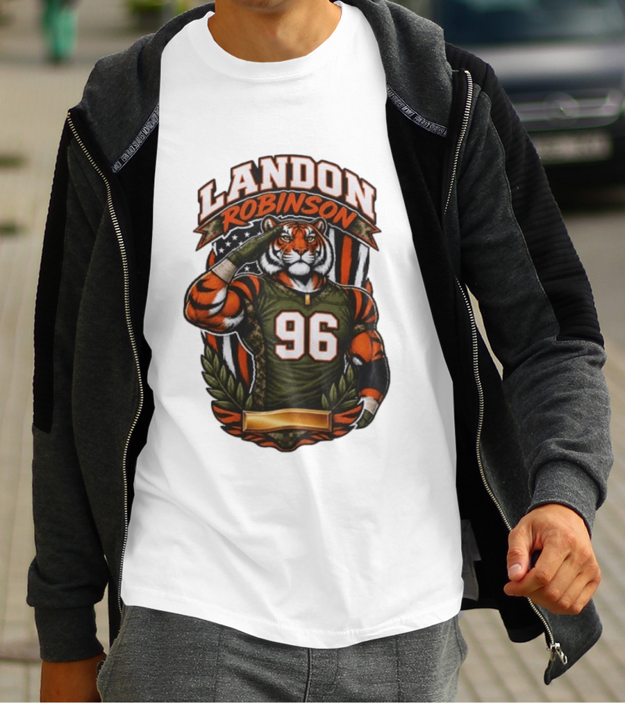 Landon Robinson 96 Tiger American Flag Salute T-Shirt