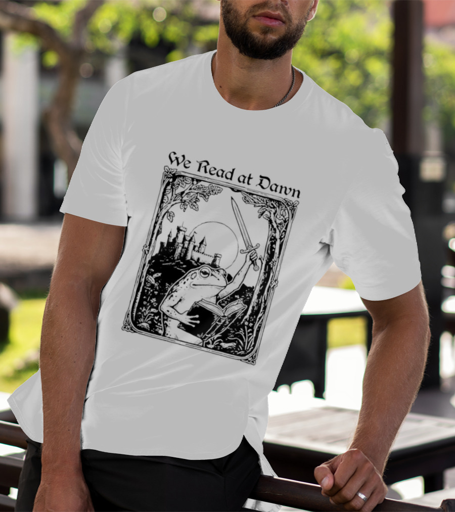 We Read At Dawn Frog Holding Sword And Book In Enchanted Forest T-Shirt