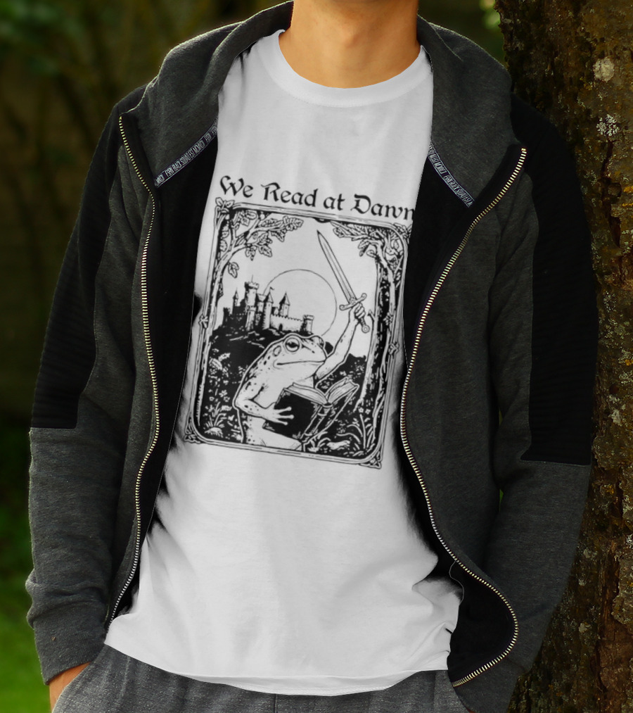 We Read At Dawn Frog Holding Sword And Book In Enchanted Forest T-Shirt