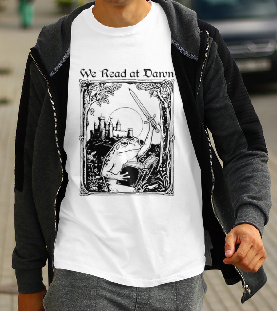 We Read At Dawn Frog Holding Sword And Book In Enchanted Forest T-Shirt