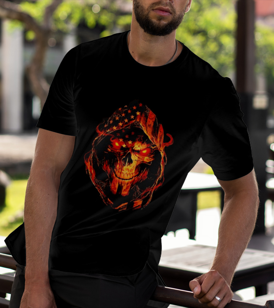 American Flag Skull Grim Reaper With Glowing Red Eyes T-Shirt