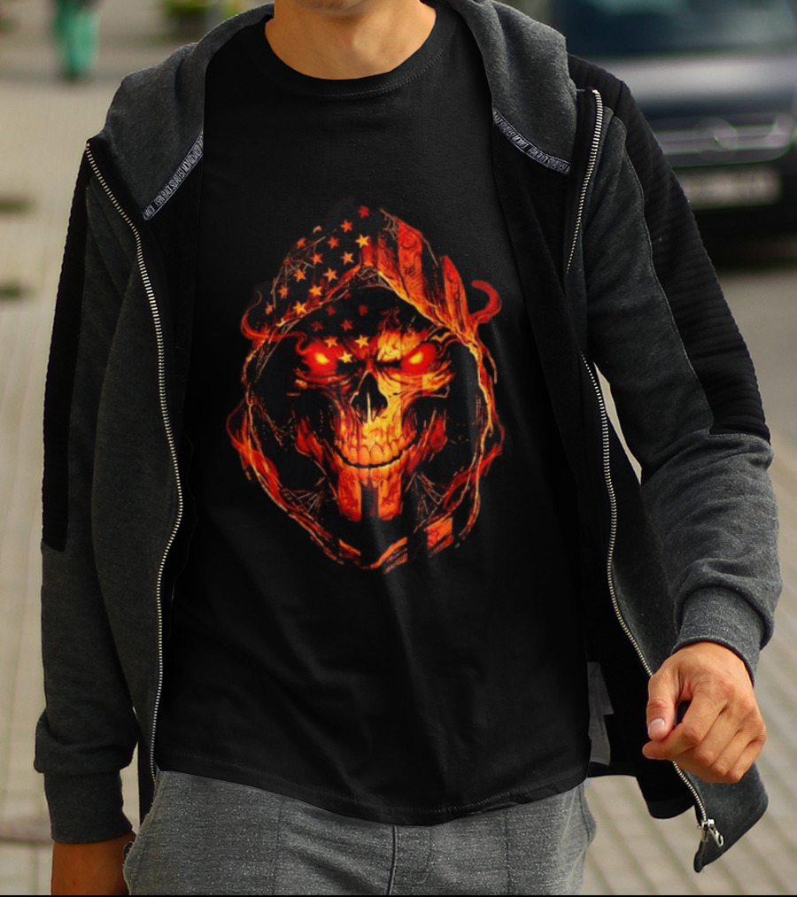American Flag Skull Grim Reaper With Glowing Red Eyes T-Shirt