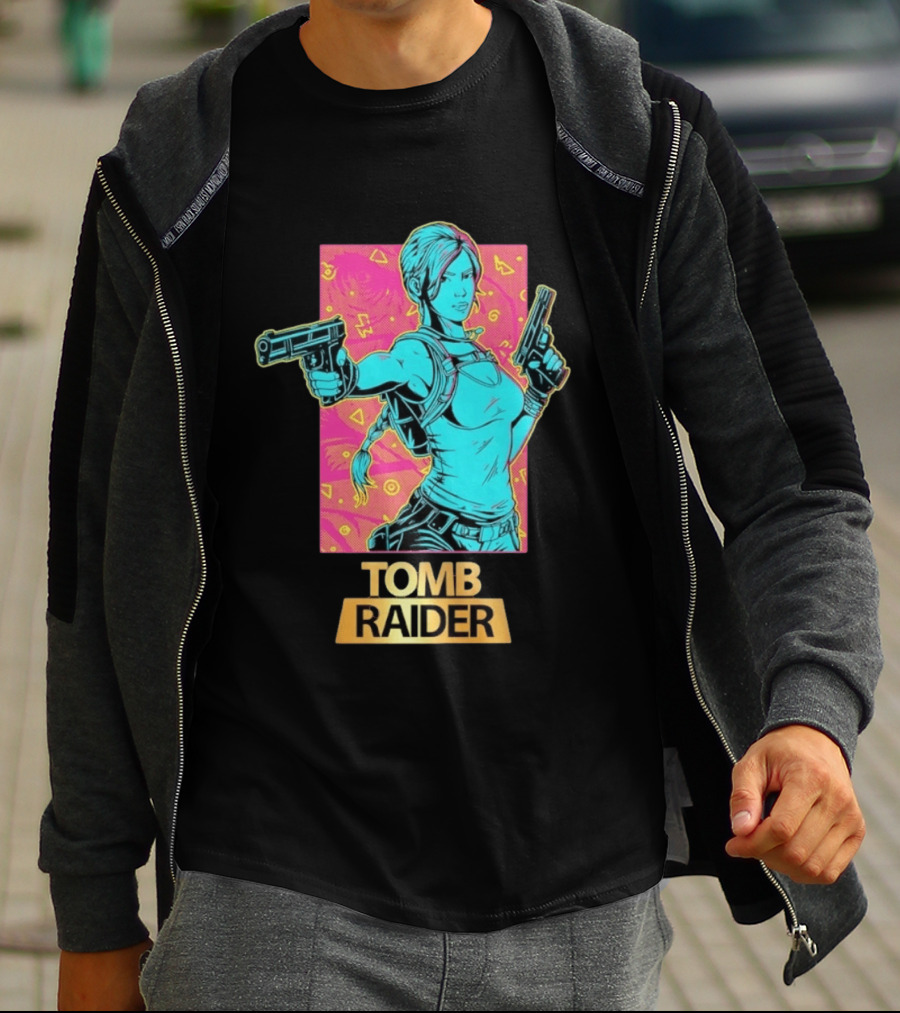 Tomb Raider Lara Croft Neon Halftone Dual Pistols T-Shirt