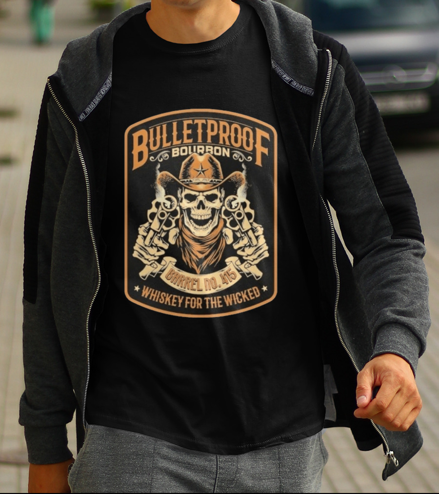 Bulletproof Bourbon Barrel No 415 Whiskey For The Wicked Skeleton Cowboy With Pistols T-Shirt