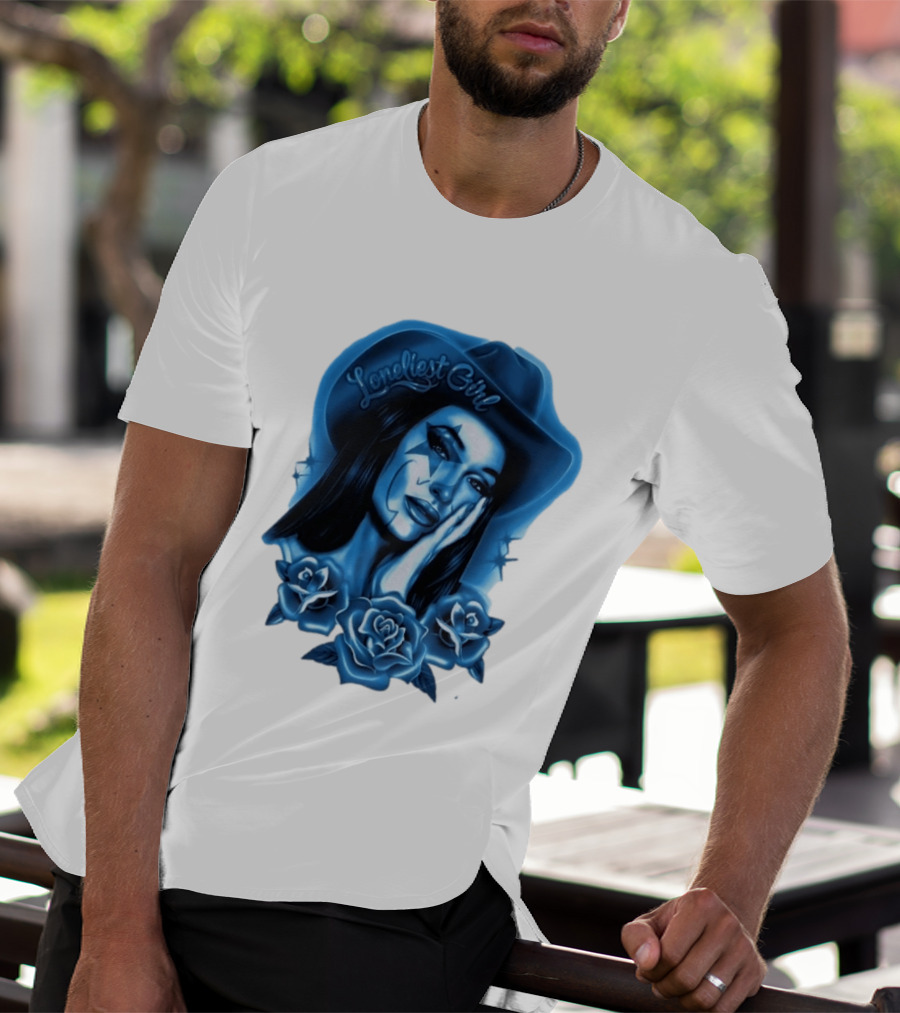 Loneliest Girl Airbrush Cowgirl In Blue With Roses T-Shirt