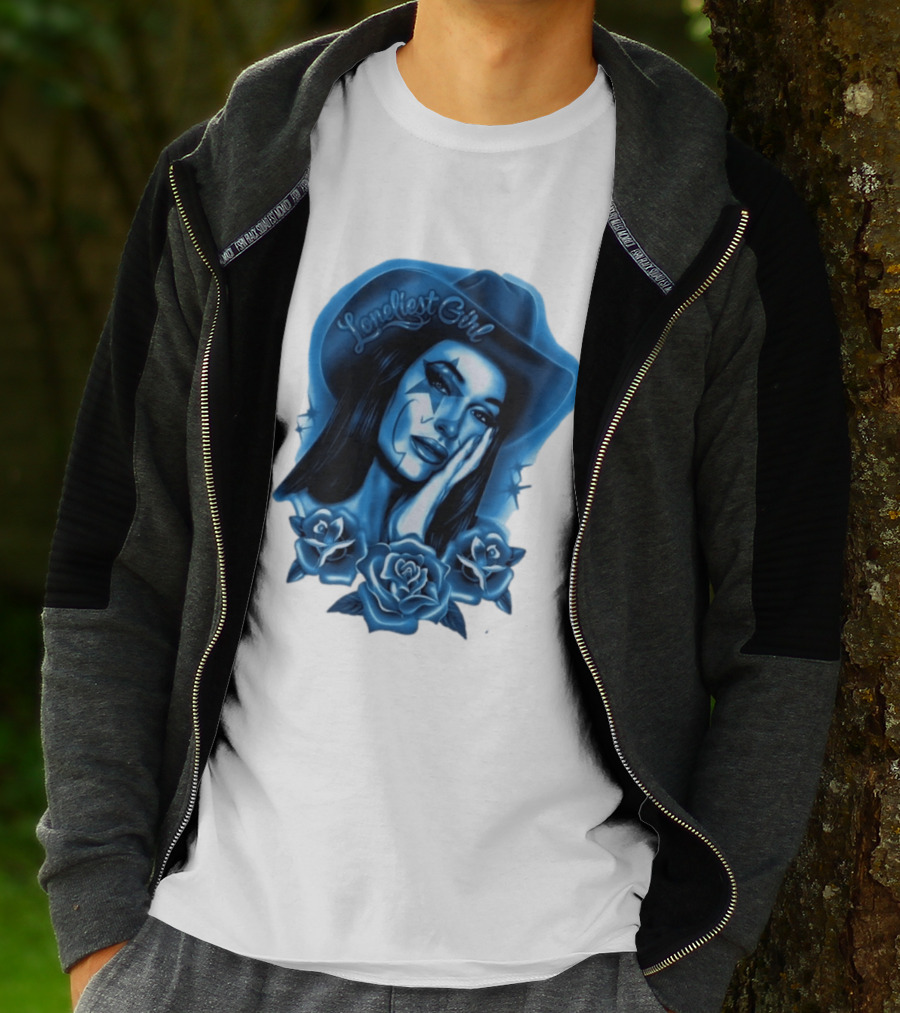 Loneliest Girl Airbrush Cowgirl In Blue With Roses T-Shirt