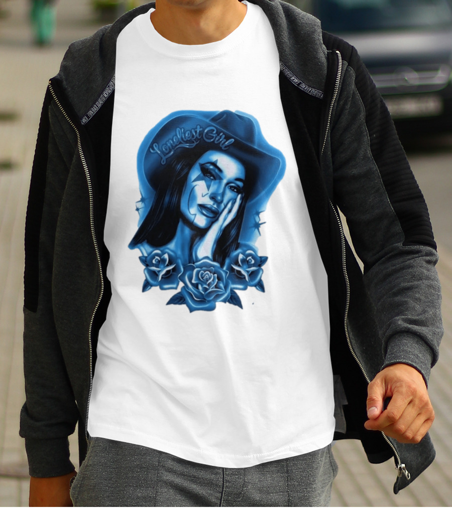 Loneliest Girl Airbrush Cowgirl In Blue With Roses T-Shirt