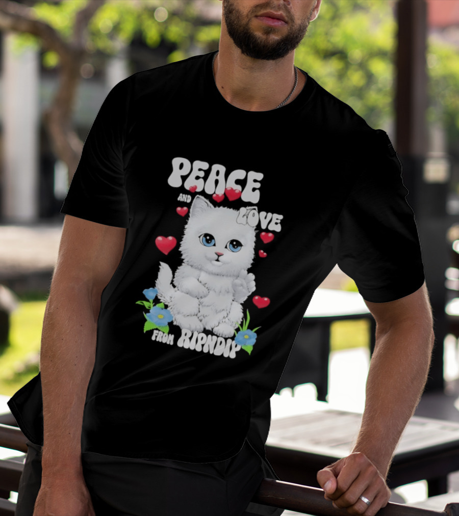Peace And Love Ripndip Cat Kitten Hearts And Flowers T-Shirt